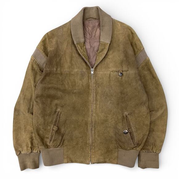 Vintage Suede Leather Bomber Jacket Knit Shawl Collar Light Brown Patina Size M